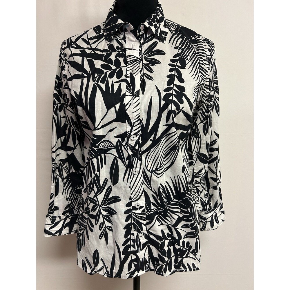 Talbots Womens Small Petite Top Black White Tropical Fern Print Button Up Cotton